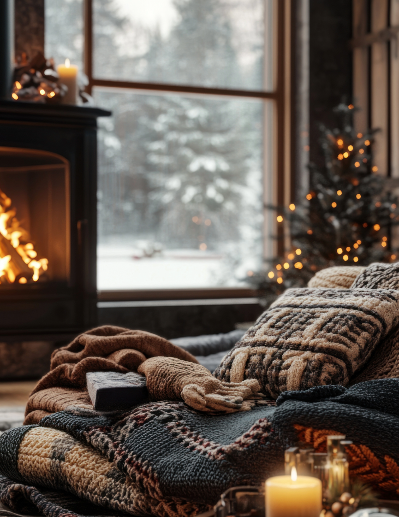 A cozy living room with a fireplace, knit blankets and a lit holiday tree
